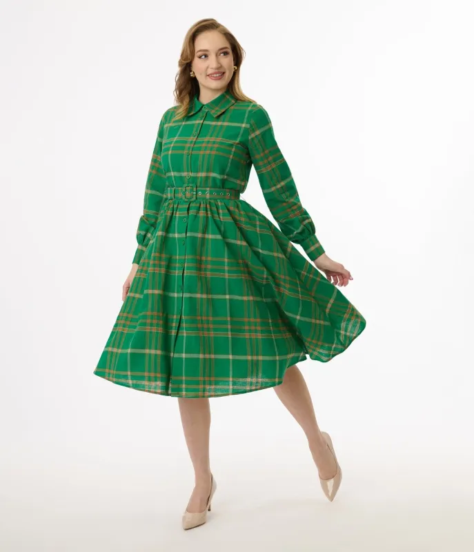 Unique Vintage Green Plaid Belted Cotton Shirt Dress made by Unique Vintage