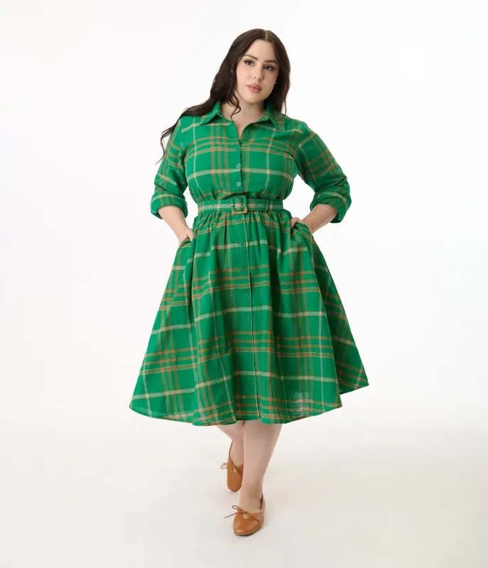 Unique Vintage Plus Size Green Plaid Belted Cotton Shirt Dress sold by Unique Vintage