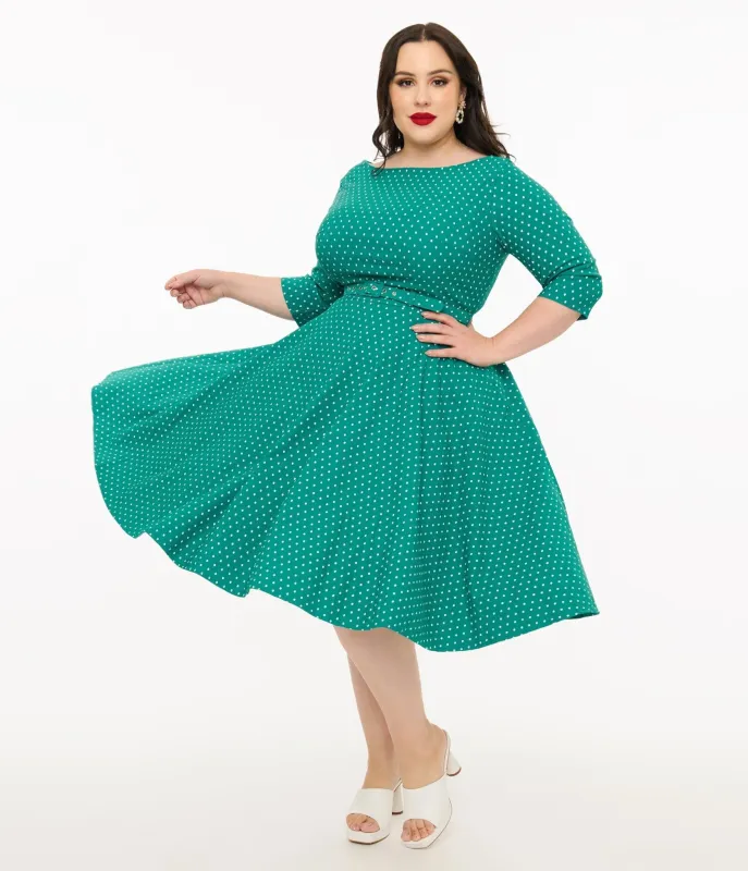 Unique Vintage Plus Size Teal & White Pin Dot Devon Swing Dress sold by Unique Vintage