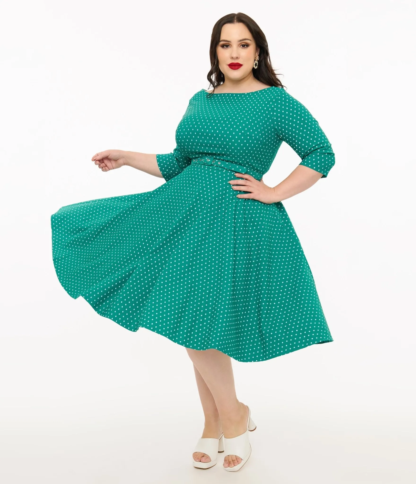 Unique Vintage Plus Size Teal & White Pin Dot Devon Swing Dress sold by Unique Vintage