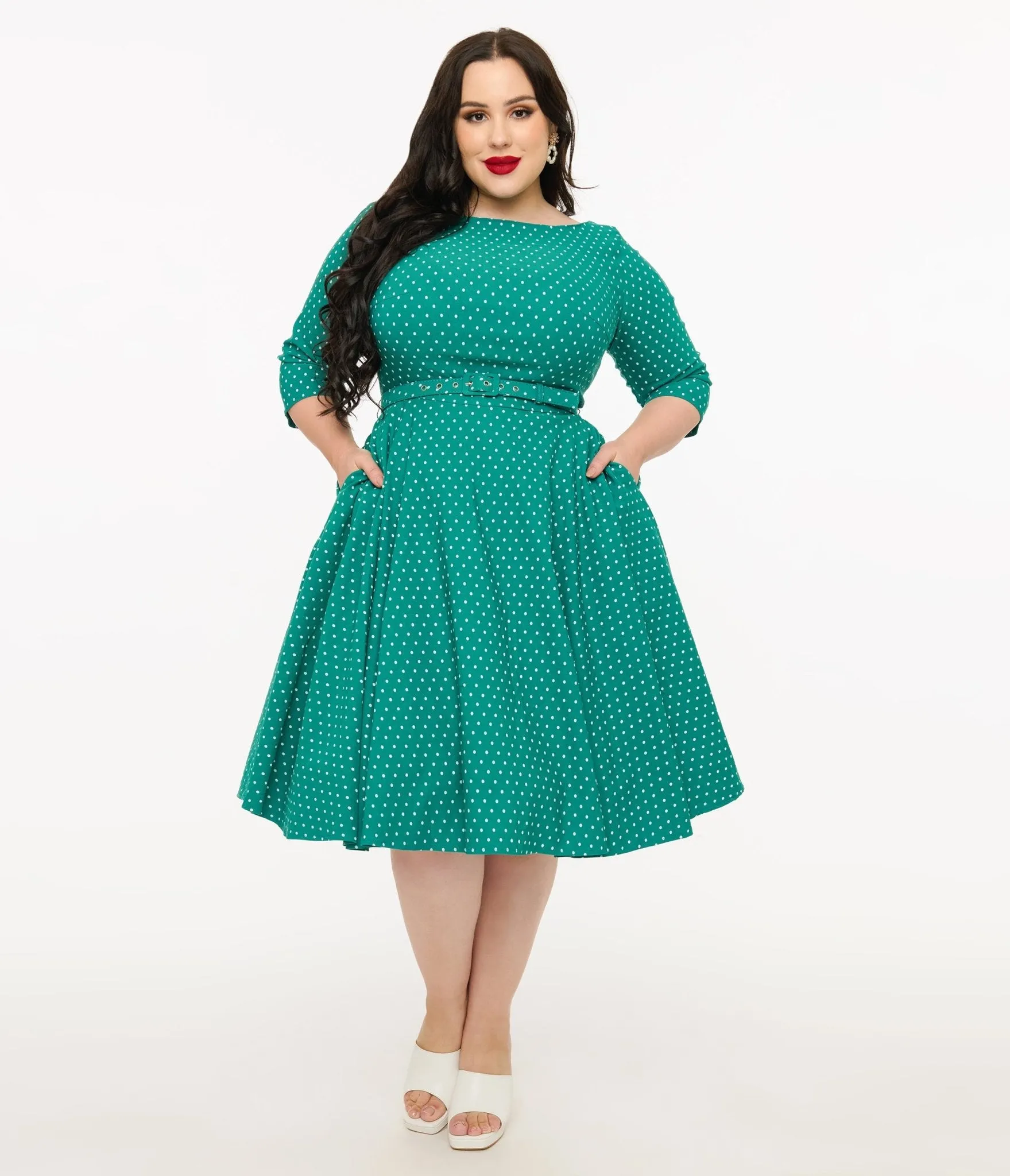 Unique Vintage Plus Size Teal & White Pin Dot Devon Swing Dress sold by Unique Vintage product image thumbnail 3