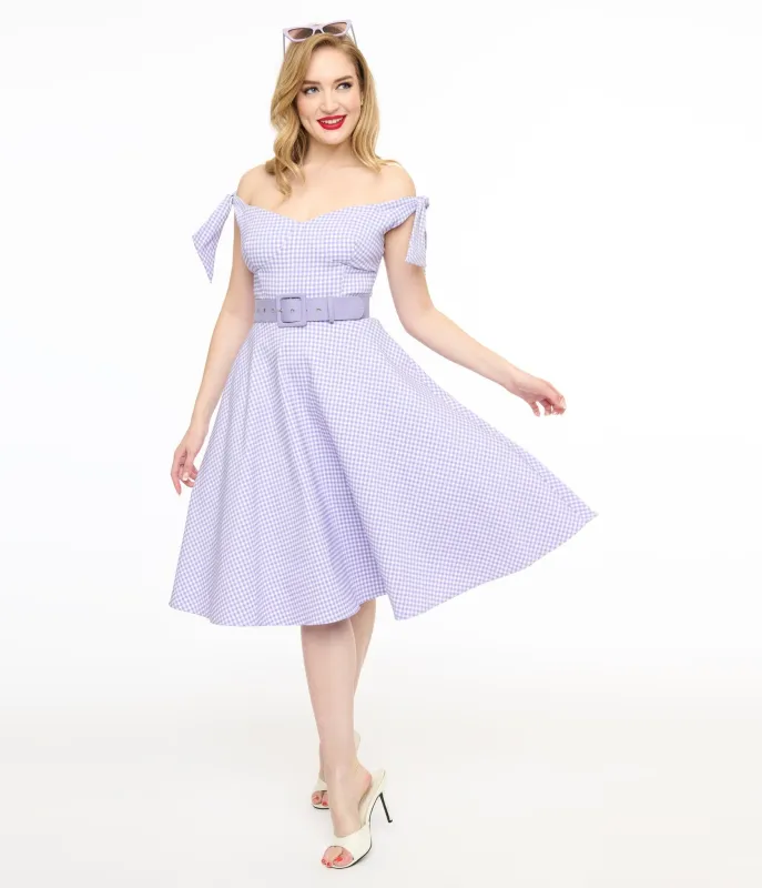 Unique Vintage Lavender & White Gingham Off The Shoulder Swing Dress sold by Unique Vintage