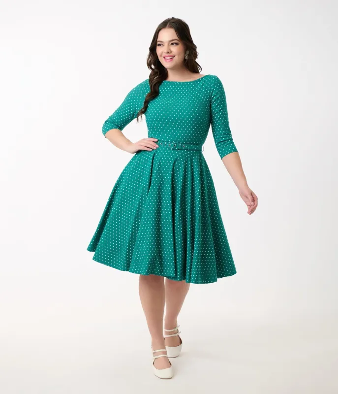 Unique Vintage Teal & White Pin Dot Devon Swing Dress sold by Unique Vintage