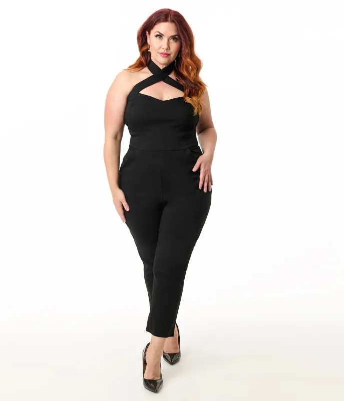 Unique Vintage Plus Size Black Criss Cross Halter Jumpsuit sold by Unique Vintage