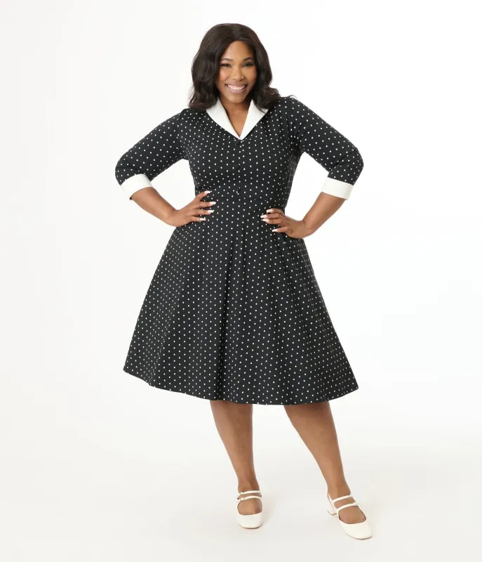 Unique Vintage Plus Size Black & White Pin Dot Shirt Dress sold by Unique Vintage