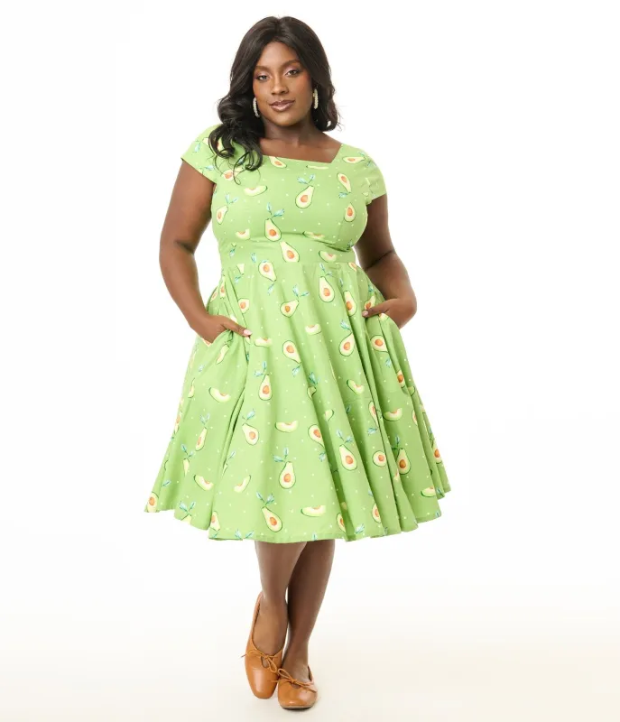 Magnolia Place Plus Size Green Avocado Print Anna Cotton Swing Dress sold by Unique Vintage