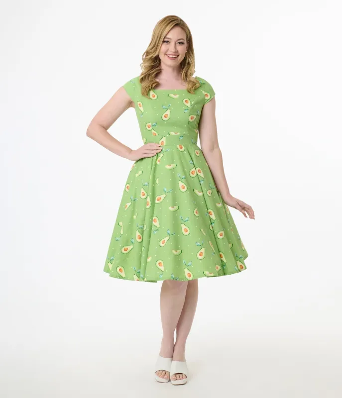 Magnolia Place Green Avocado Print Anna Cotton Swing Dress sold by Unique Vintage