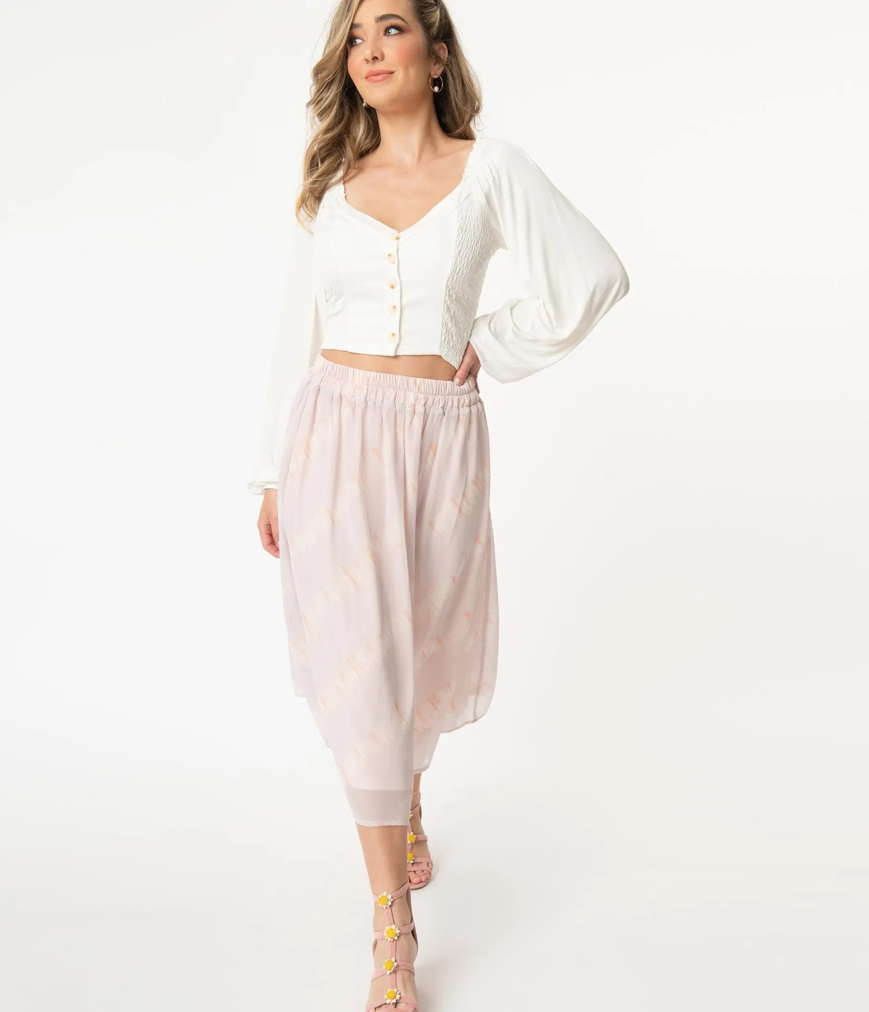 Dusty Lilac & Ivory Etch Print Chiffon Midi Skirt sold by Unique Vintage product image thumbnail 4