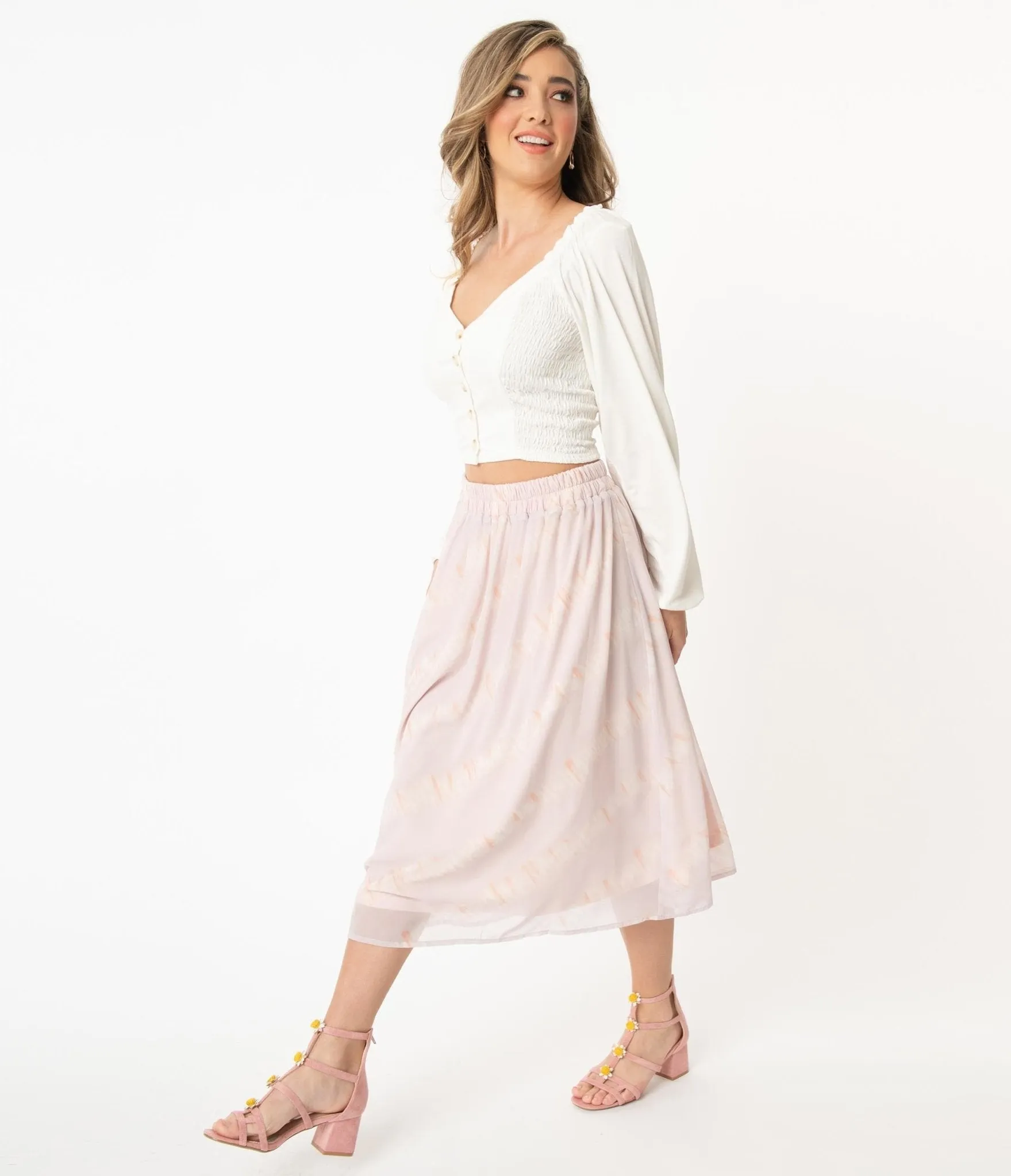 Dusty Lilac & Ivory Etch Print Chiffon Midi Skirt sold by Unique Vintage product image thumbnail 5