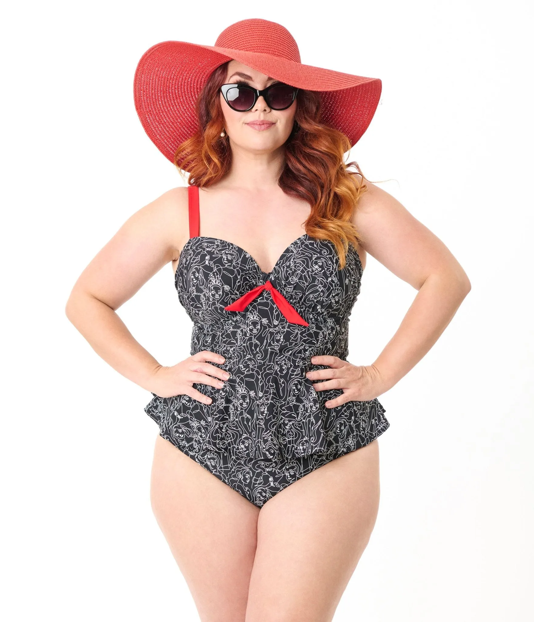 Disney Princess Collection by Unique Vintage Plus Size Black & White Princess Print Tankini Swim Top sold by Unique Vintage