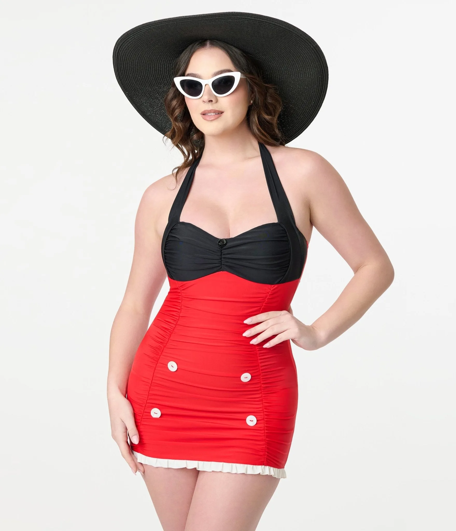 Disney Mickey & Friends Collection by Unique Vintage Mickey Black & Red Halter Swim Dress sold by Unique Vintage