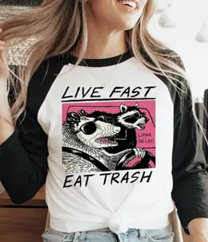Black & White Live Fast Eat Trash Graphic Baseball Tee sold by Unique Vintage