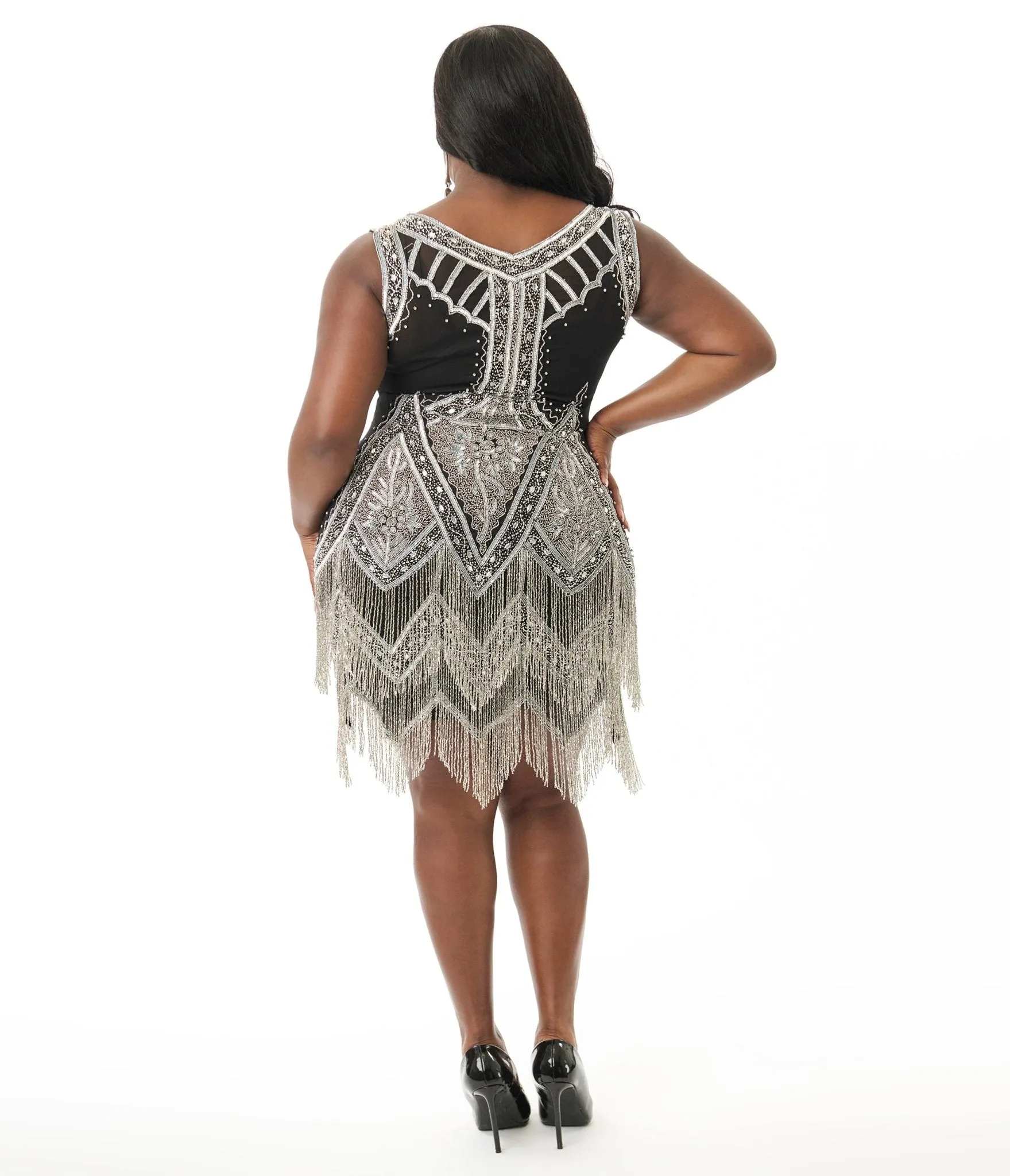 Unique Vintage Plus Size 1920s Silver & Black Embroidered & Hand Beaded Somerset Flapper Dress sold by Unique Vintage product image thumbnail 4