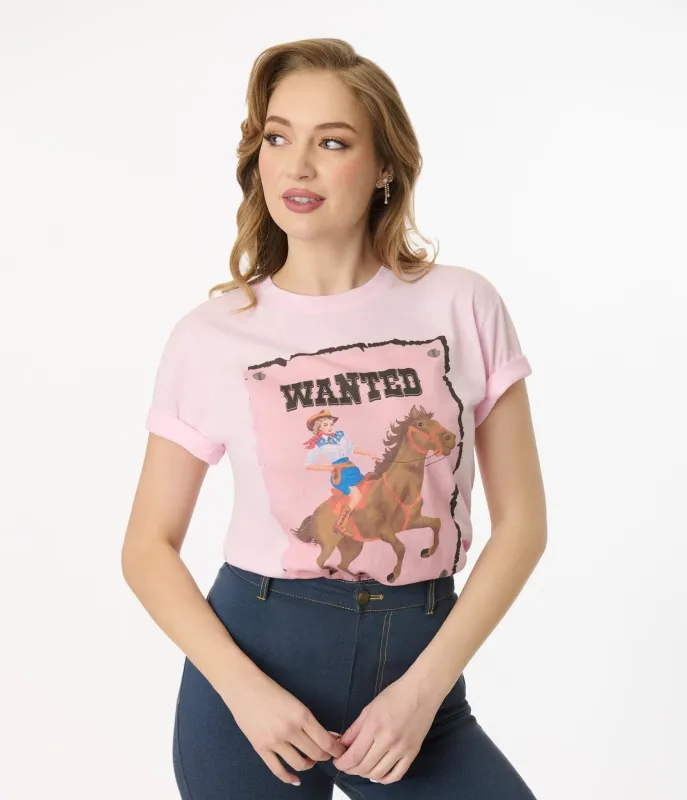 Unique Vintage 1960s Light Pink Wanted Cowgirl Unisex Graphic Tee sold by Unique Vintage