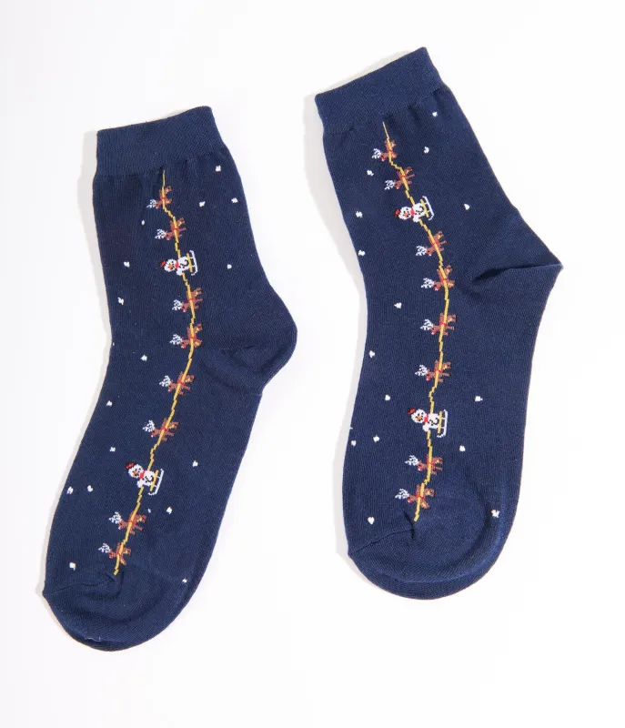 Navy Reindeer & Snowman Socks sold by Unique Vintage
