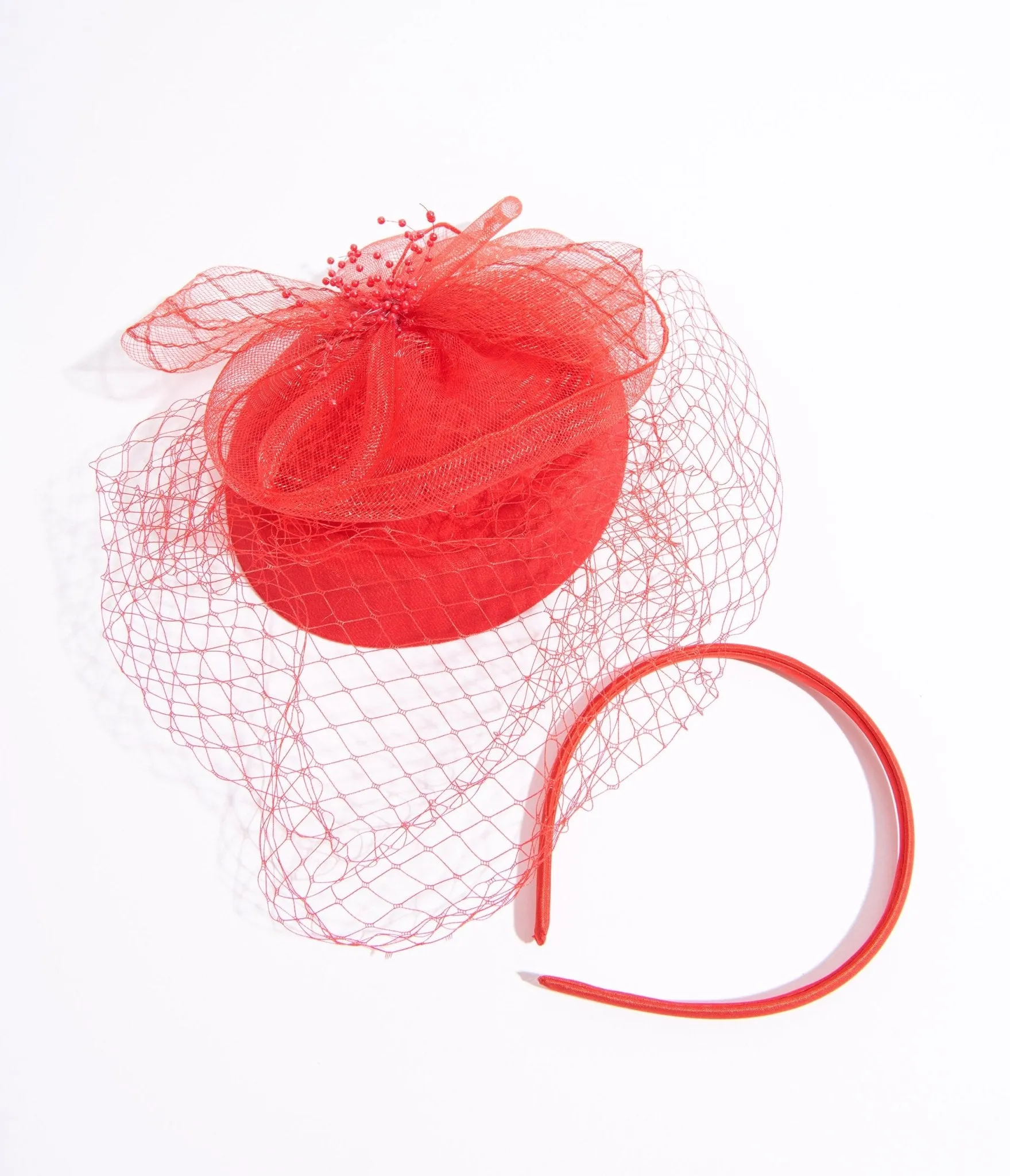Red Netted Pillbox Fascinator Headband sold by Unique Vintage product image thumbnail 2