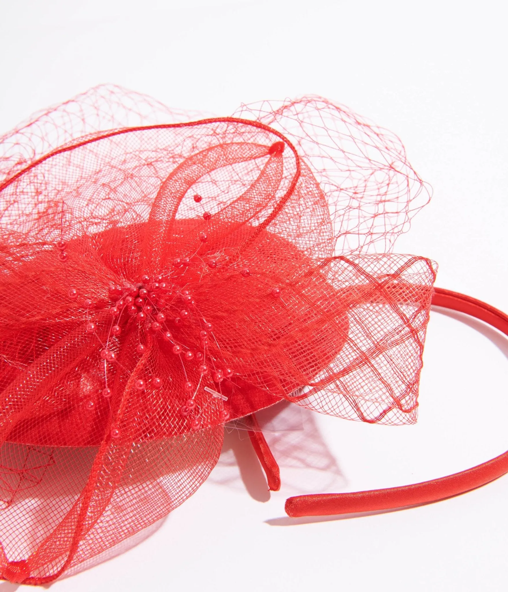 Red Netted Pillbox Fascinator Headband sold by Unique Vintage product image thumbnail 3