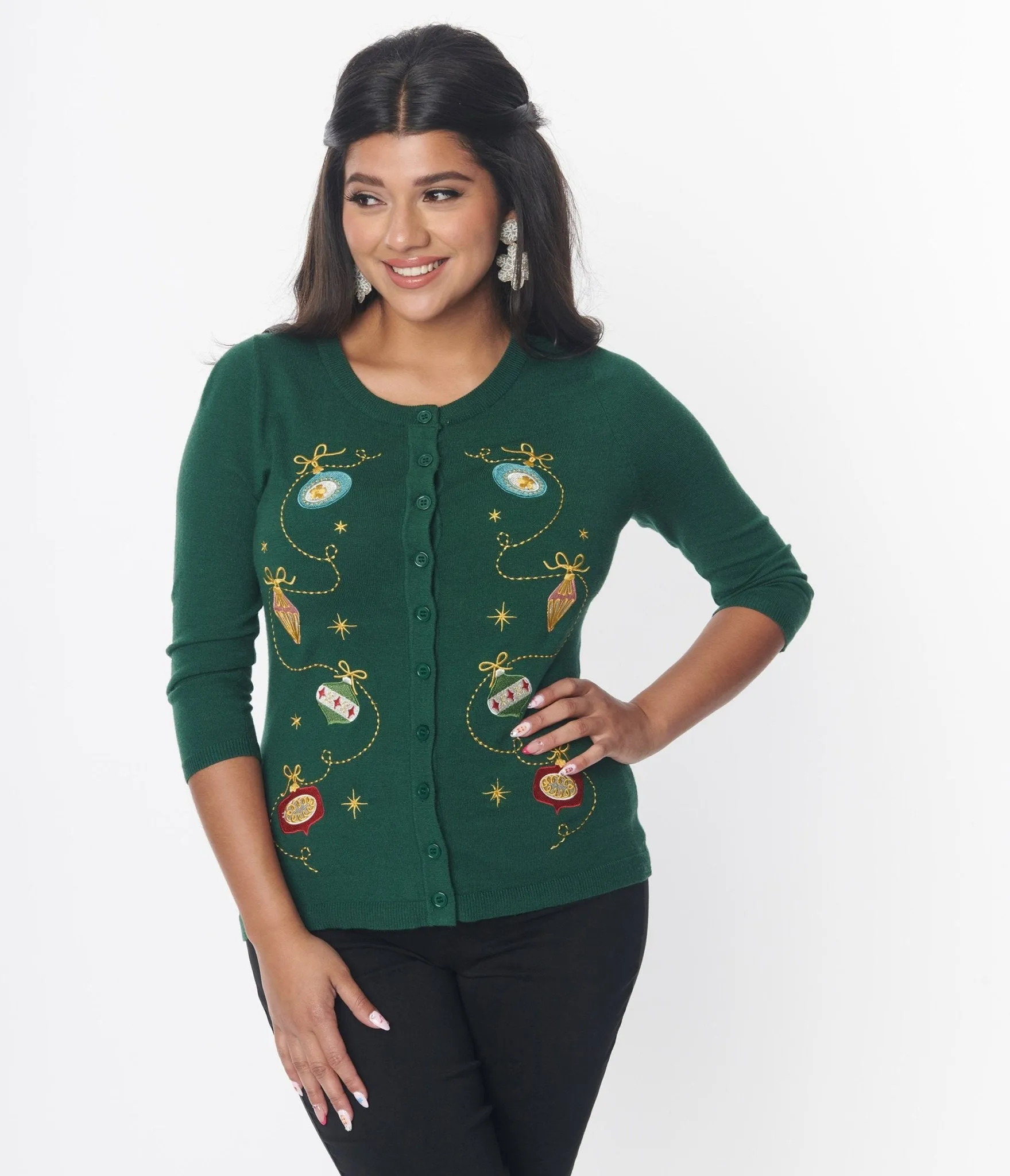 Unique Vintage Dark Green & Ornament Embroidered Bookworm Cardigan sold by Unique Vintage