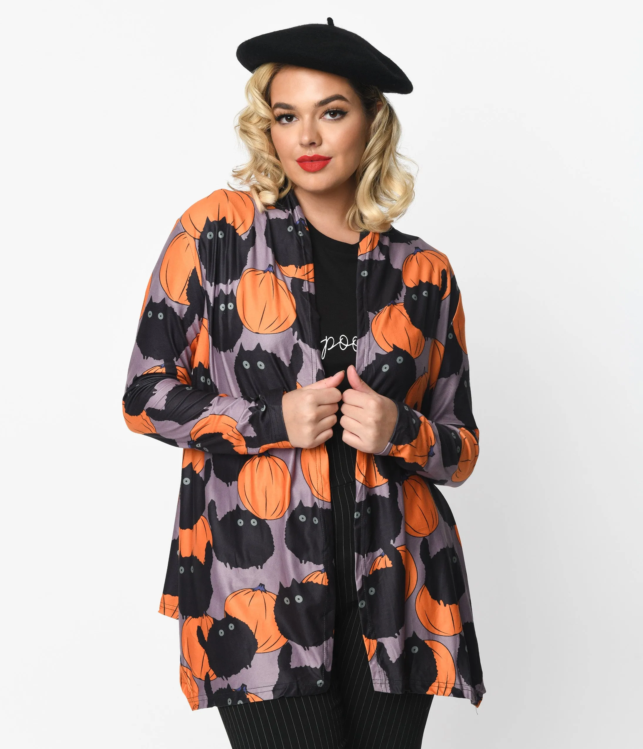 Grey Fall Scaredy Cat Knit Cardigan sold by Unique Vintage