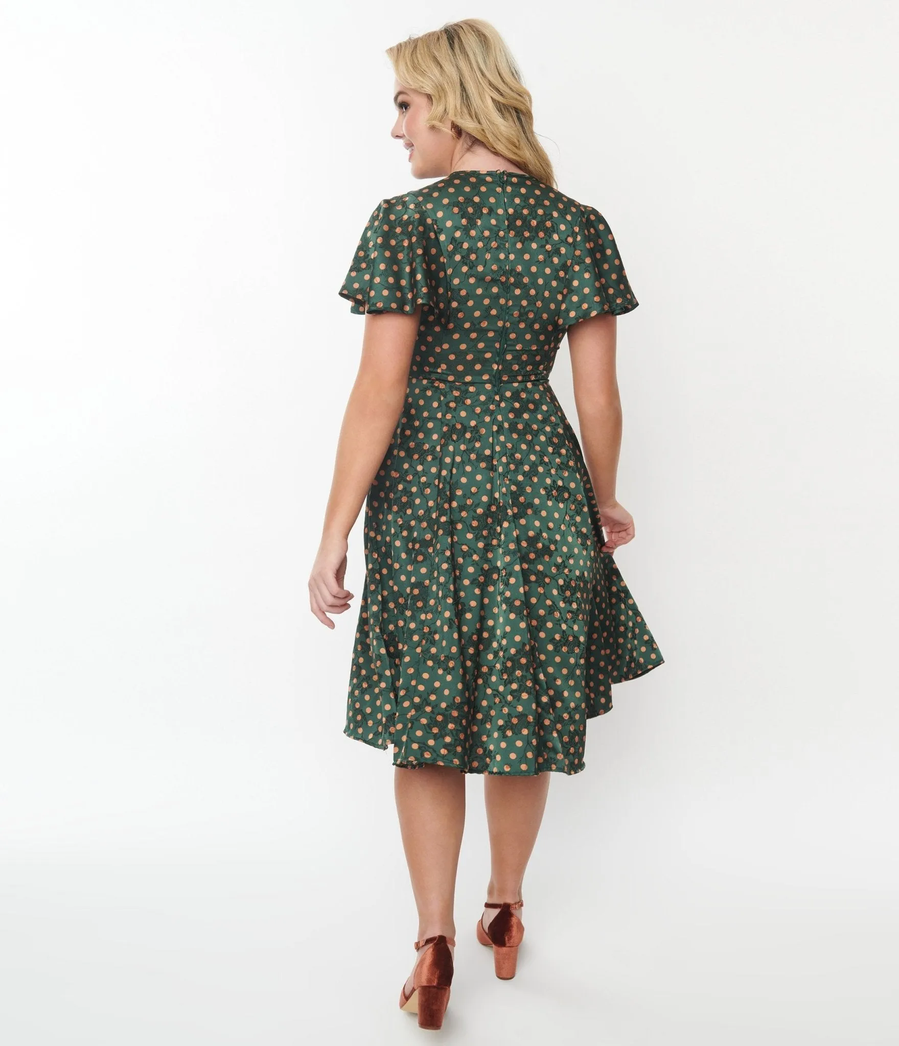Unique Vintage 1940s Hunter Green & Rust Polka Dot Swing Dress sold by Unique Vintage product image thumbnail 3