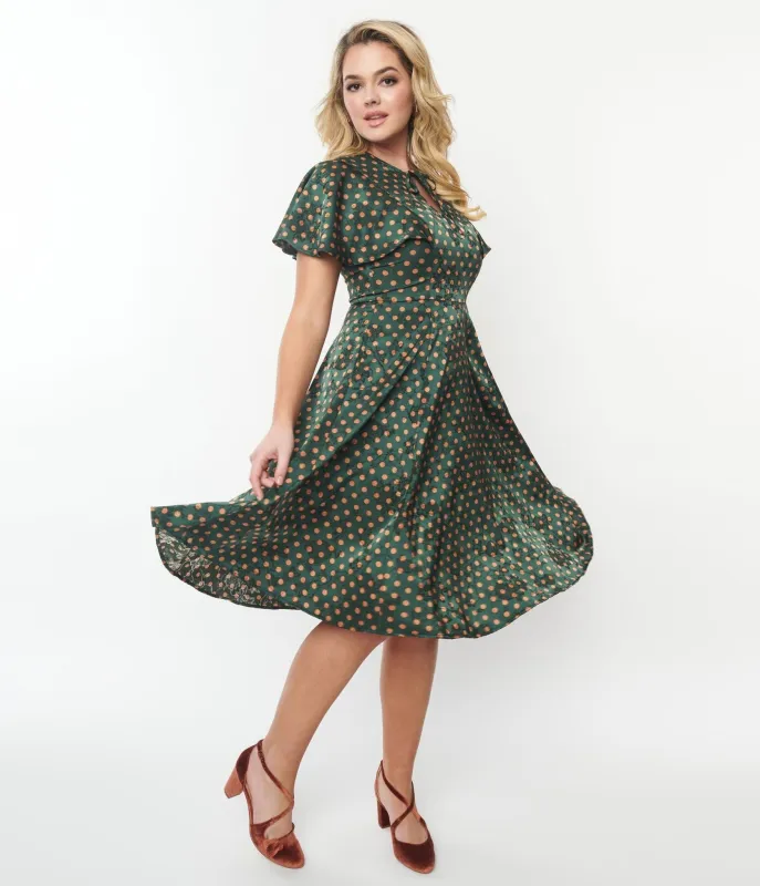 Unique Vintage 1940s Hunter Green & Rust Polka Dot Swing Dress sold by Unique Vintage