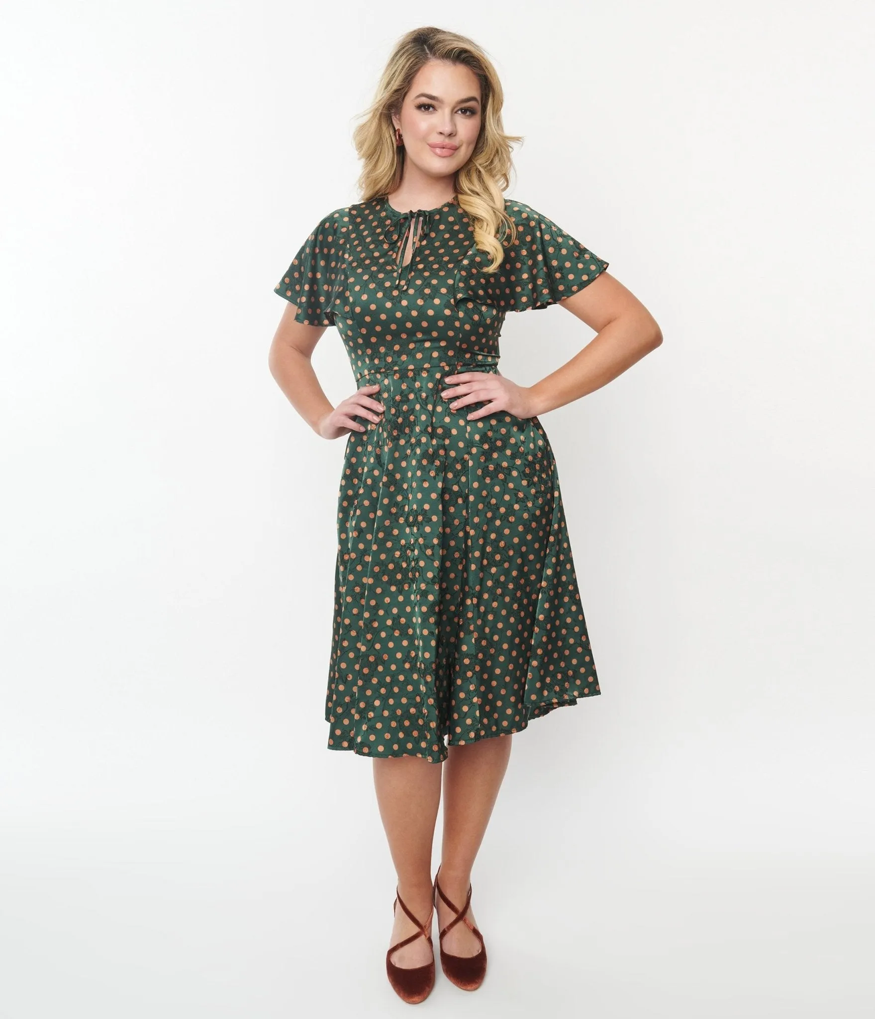 Unique Vintage 1940s Hunter Green & Rust Polka Dot Swing Dress sold by Unique Vintage product image thumbnail 4