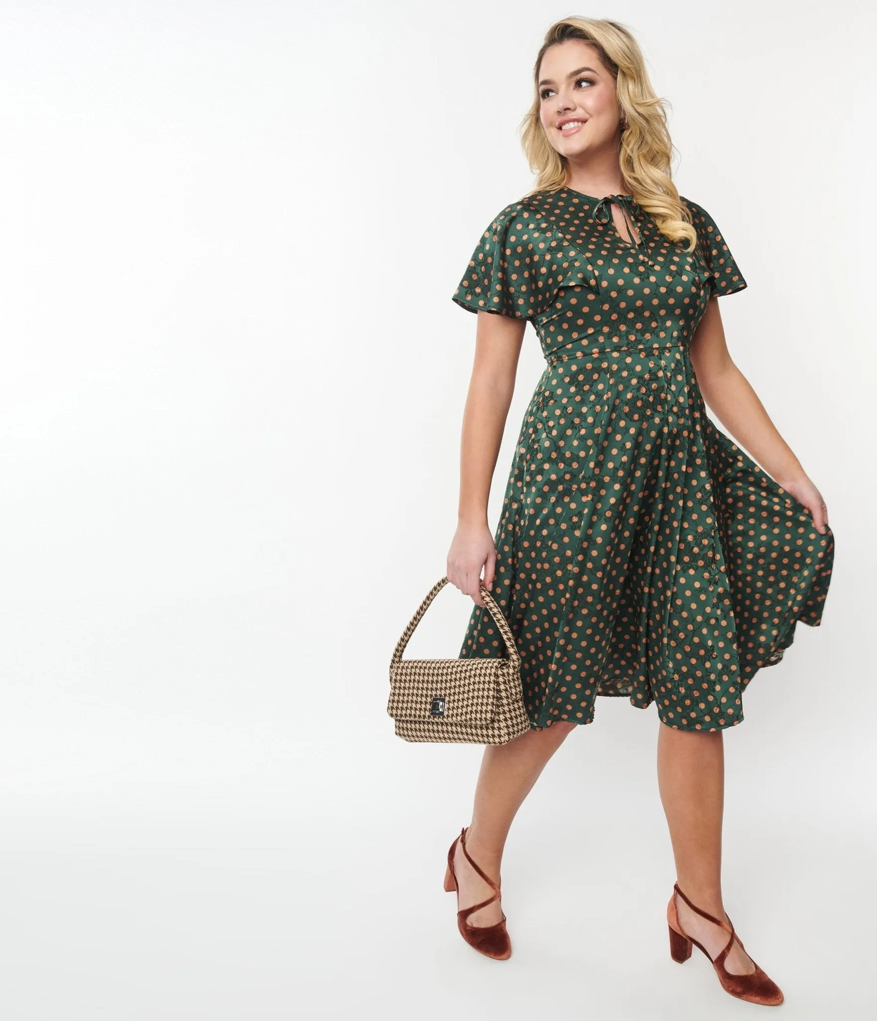 Unique Vintage 1940s Hunter Green & Rust Polka Dot Swing Dress sold by Unique Vintage product image thumbnail 5