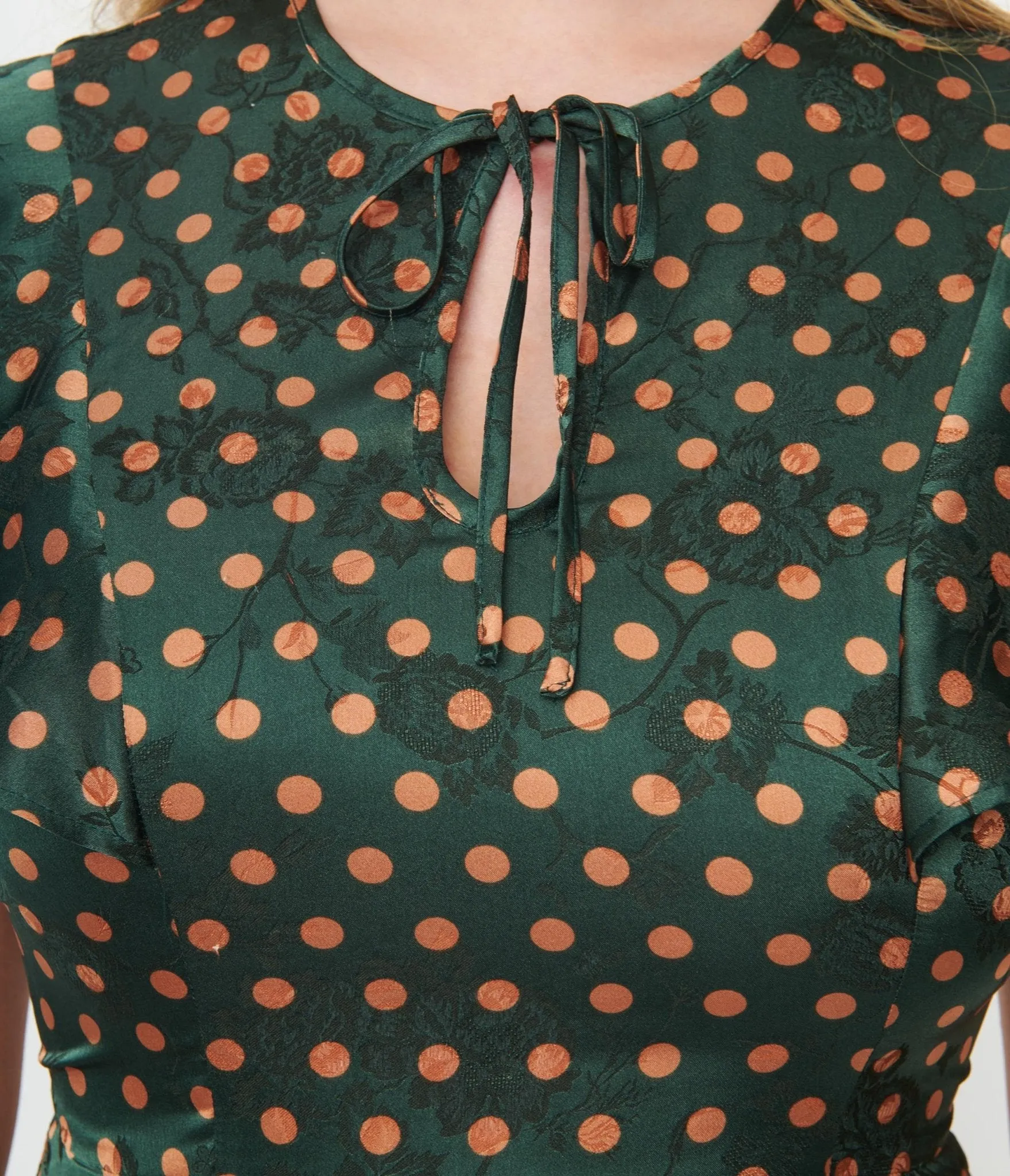 Unique Vintage 1940s Hunter Green & Rust Polka Dot Swing Dress sold by Unique Vintage product image thumbnail 2
