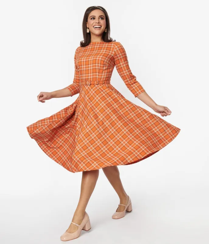 Unique Vintage Orange Plaid Devon Swing Dress sold by Unique Vintage