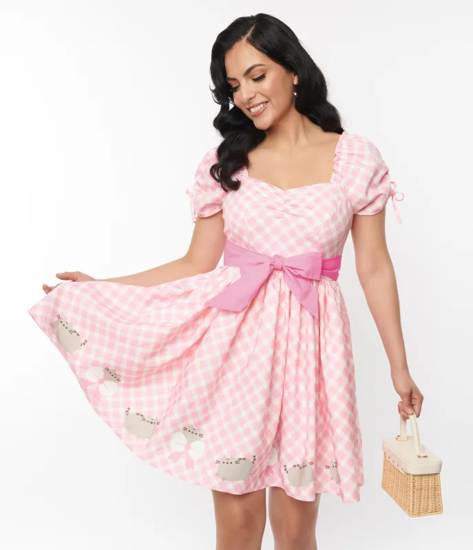 Pusheen x Unique Vintage Pusheen Pink Gingham Dakota Flare Dress made by Unique Vintage