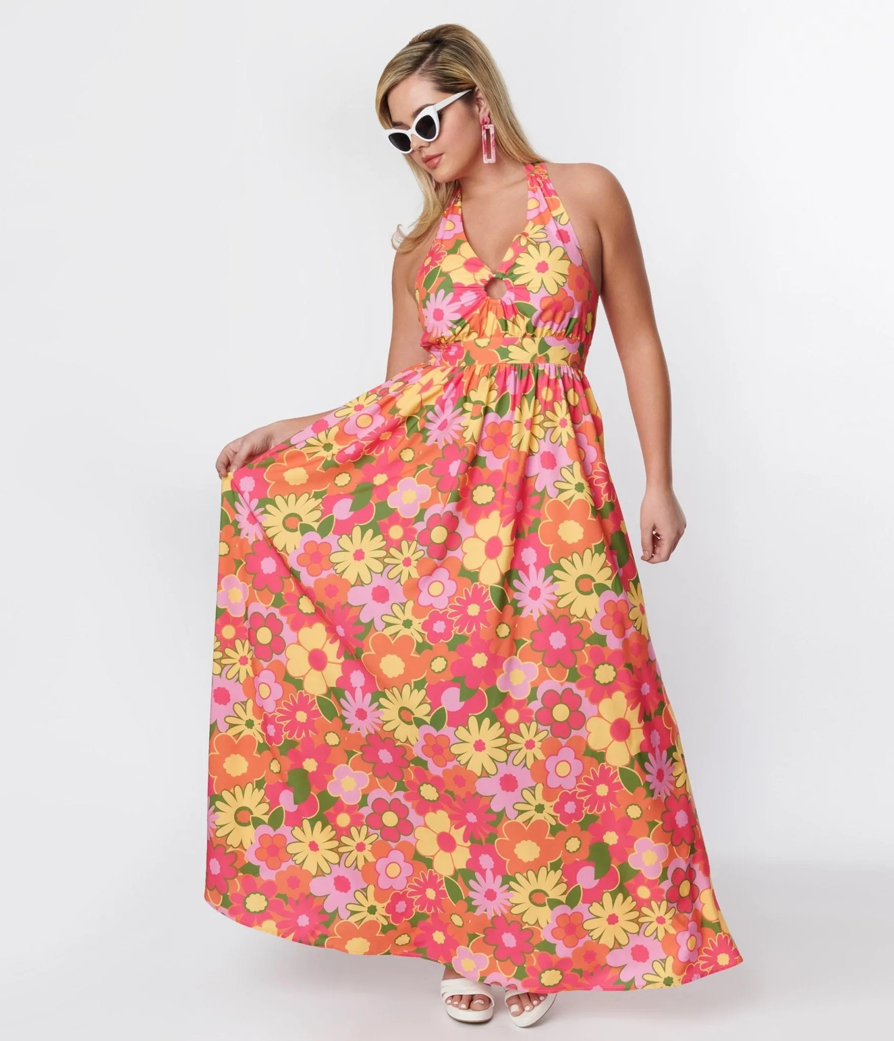 Smak Parlour 1970s Pink & Orange Floral Halter Maxi Dress sold by Unique Vintage product image thumbnail 4