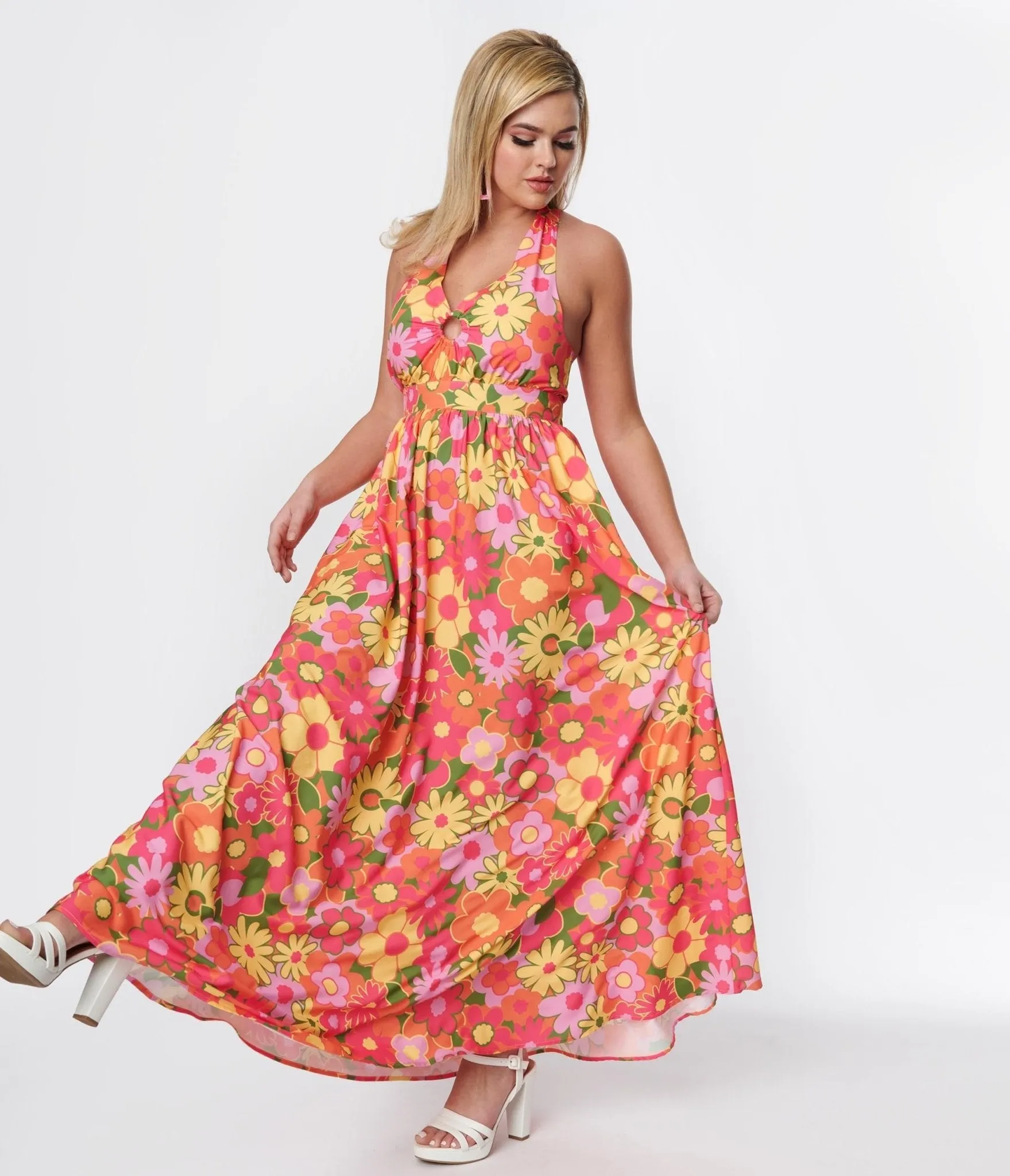 Smak Parlour 1970s Pink & Orange Floral Halter Maxi Dress sold by Unique Vintage