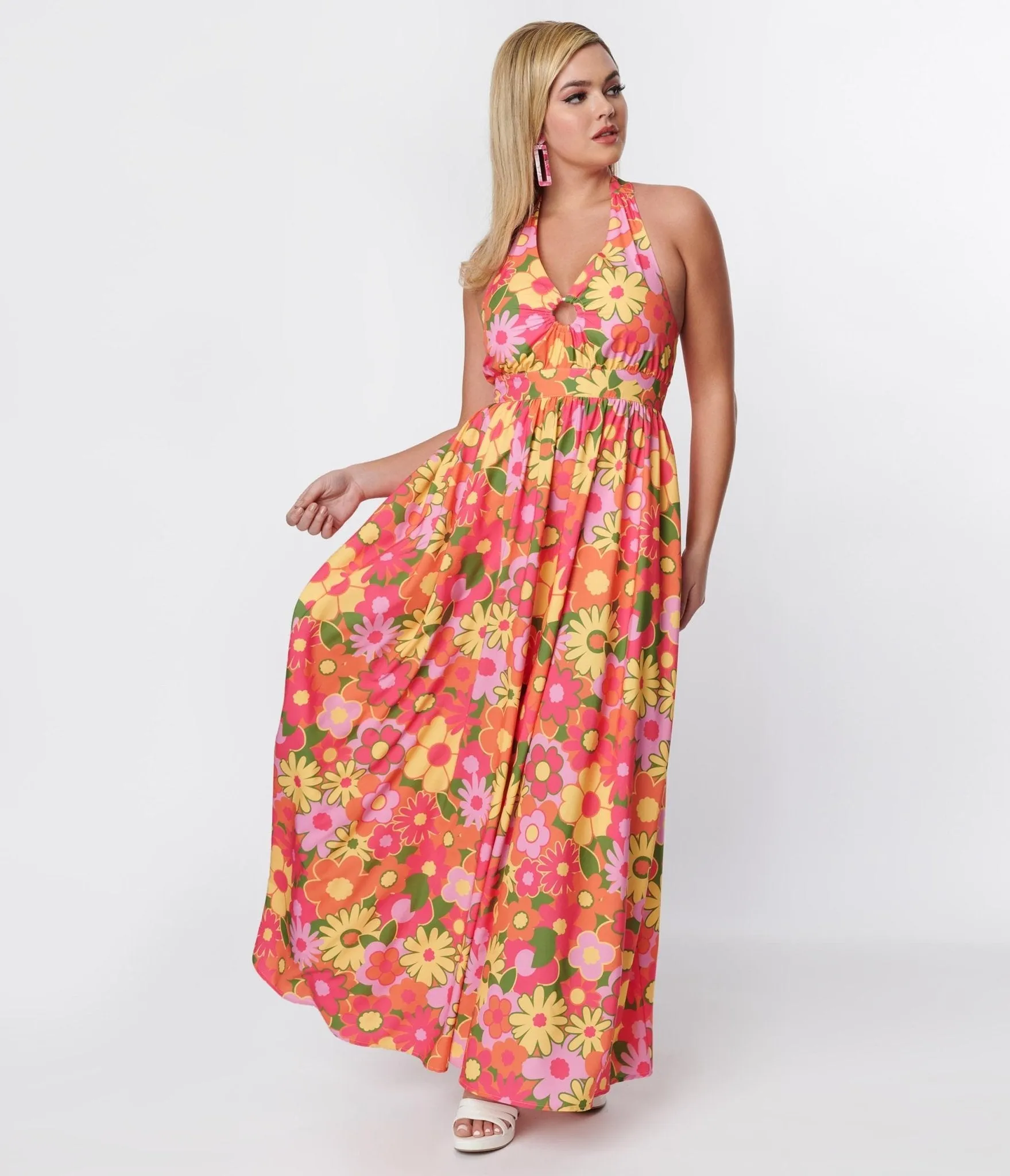 Smak Parlour 1970s Pink & Orange Floral Halter Maxi Dress sold by Unique Vintage product image thumbnail 5