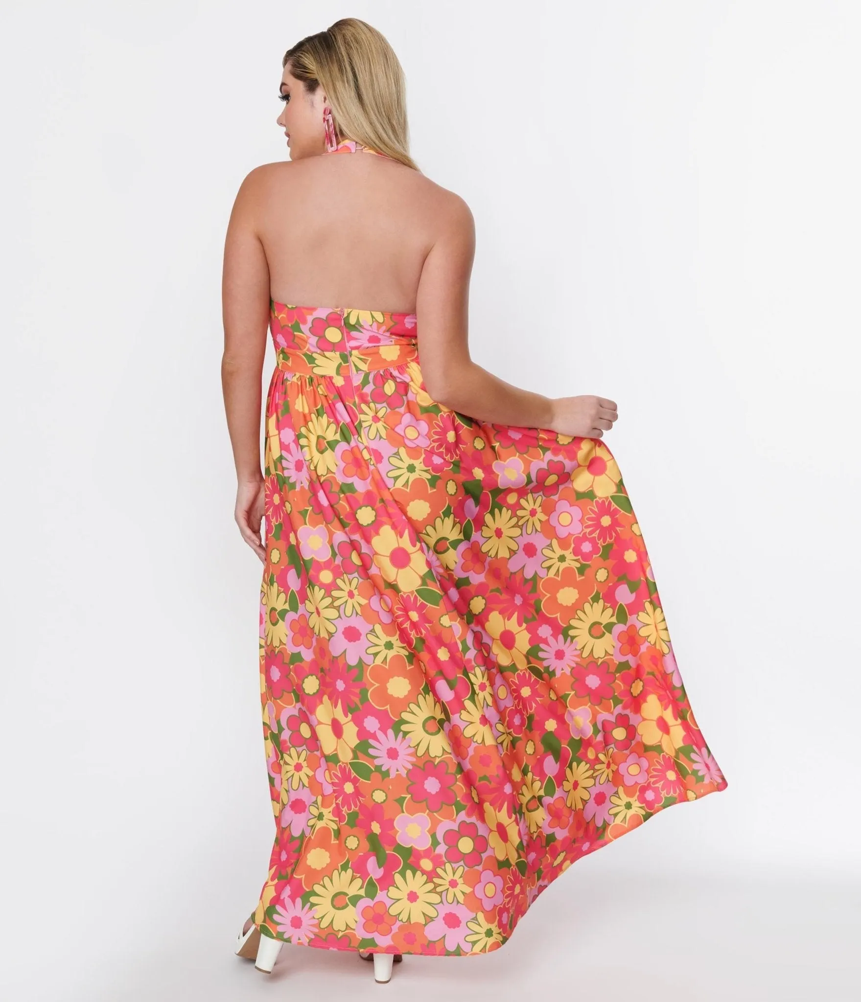Smak Parlour 1970s Pink & Orange Floral Halter Maxi Dress sold by Unique Vintage product image thumbnail 3