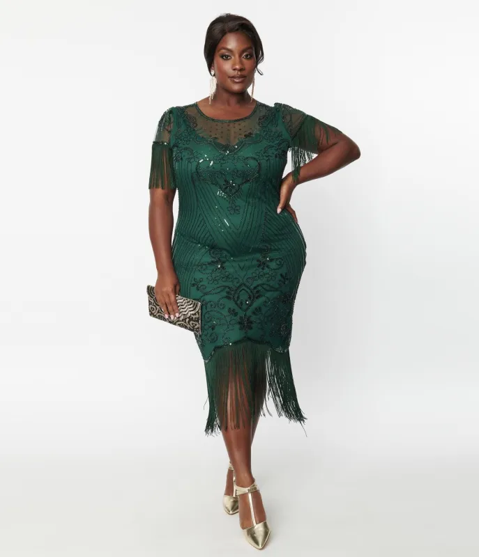 Unique Vintage Plus Size 1920s Emerald Beaded Nadine Flapper Dress sold by Unique Vintage