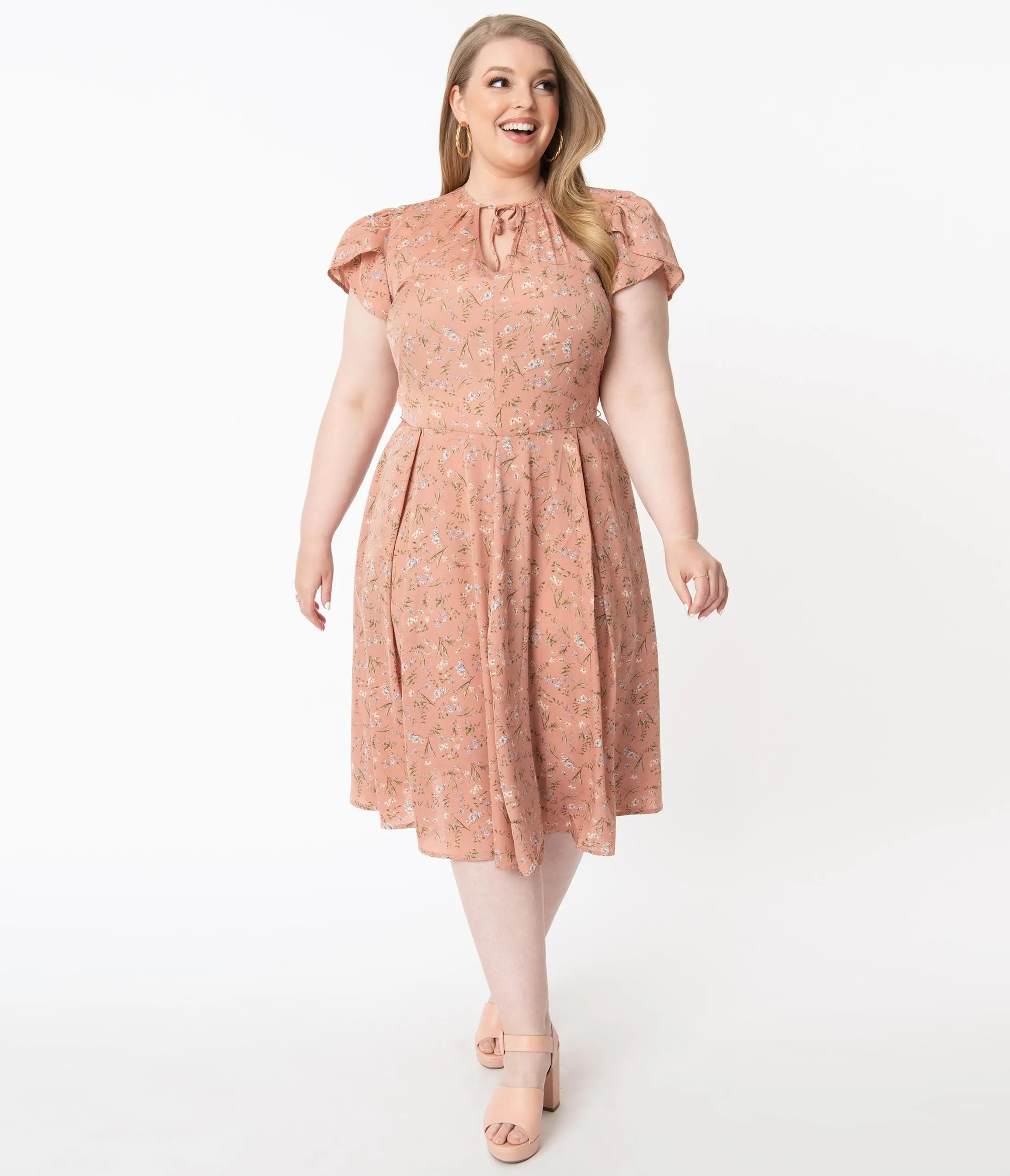 Unique Vintage Plus Size 1940s Dusty Pink & Ivory Floral Dahlia Swing Dress sold by Unique Vintage product image thumbnail 5