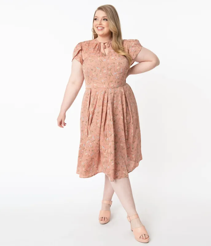 Unique Vintage Plus Size 1940s Dusty Pink & Ivory Floral Dahlia Swing Dress sold by Unique Vintage