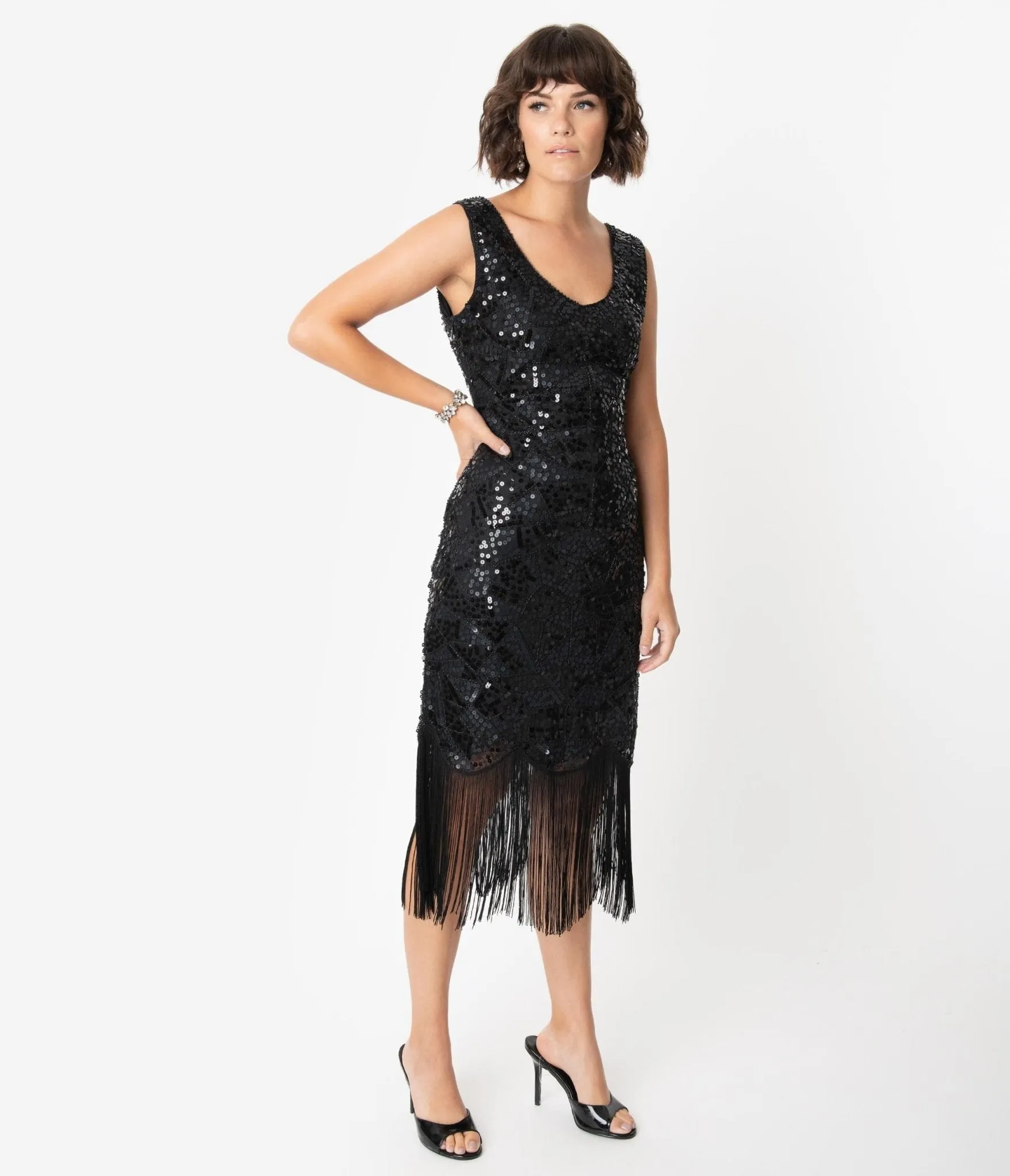 Unique Vintage 1920s Style Black Beaded & Sequin Adalene Cocktail Flapper Dress sold by Unique Vintage product image thumbnail 3
