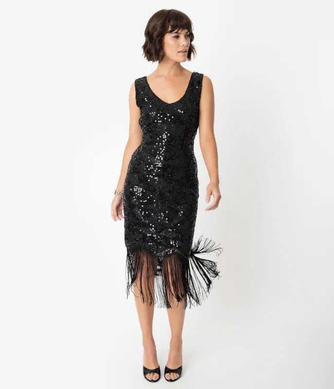 Unique Vintage 1920s Style Black Beaded & Sequin Adalene Cocktail Flapper Dress made by Unique Vintage