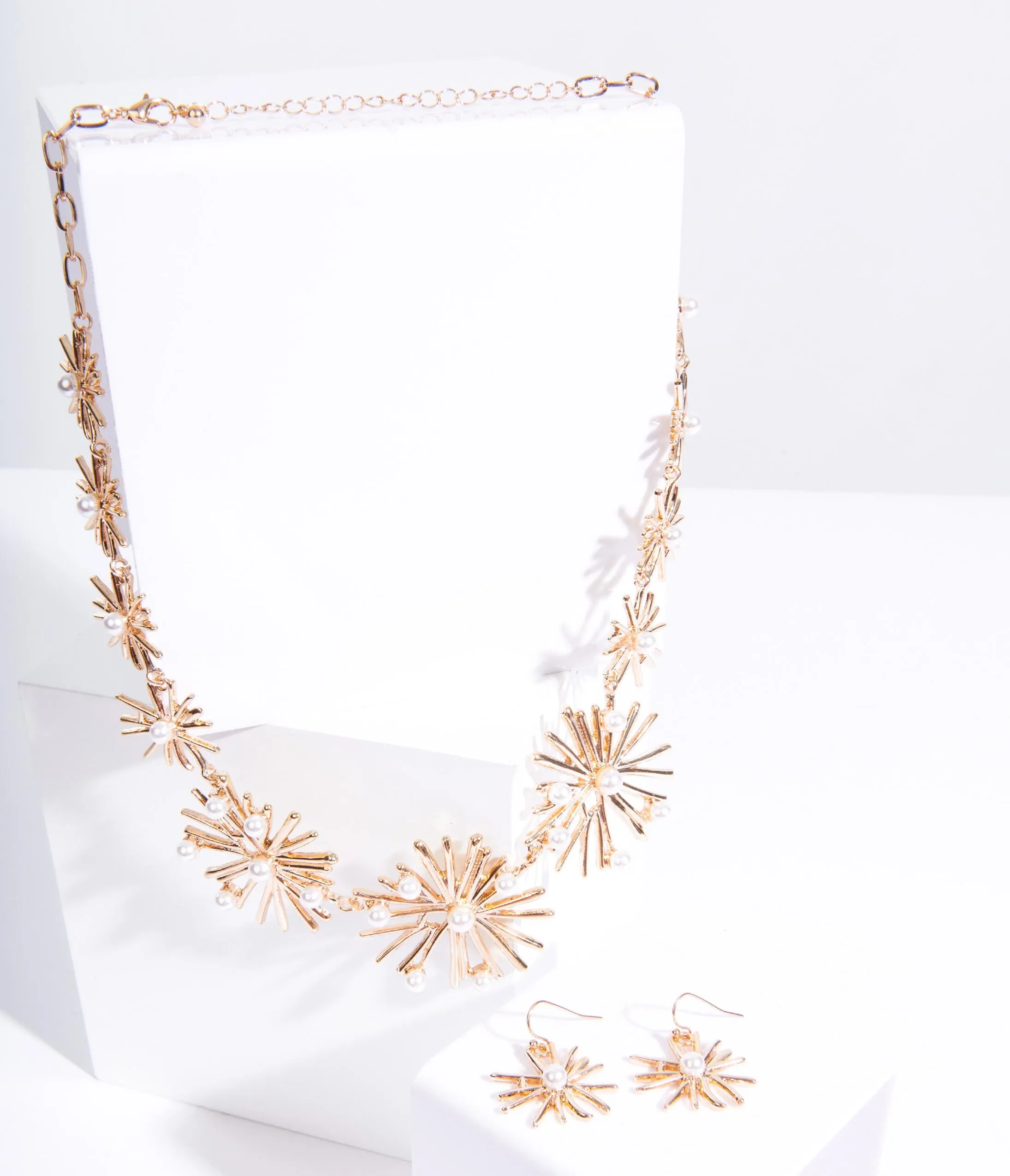 Golden Starburst & Pearl Necklace & Earring Set sold by Unique Vintage