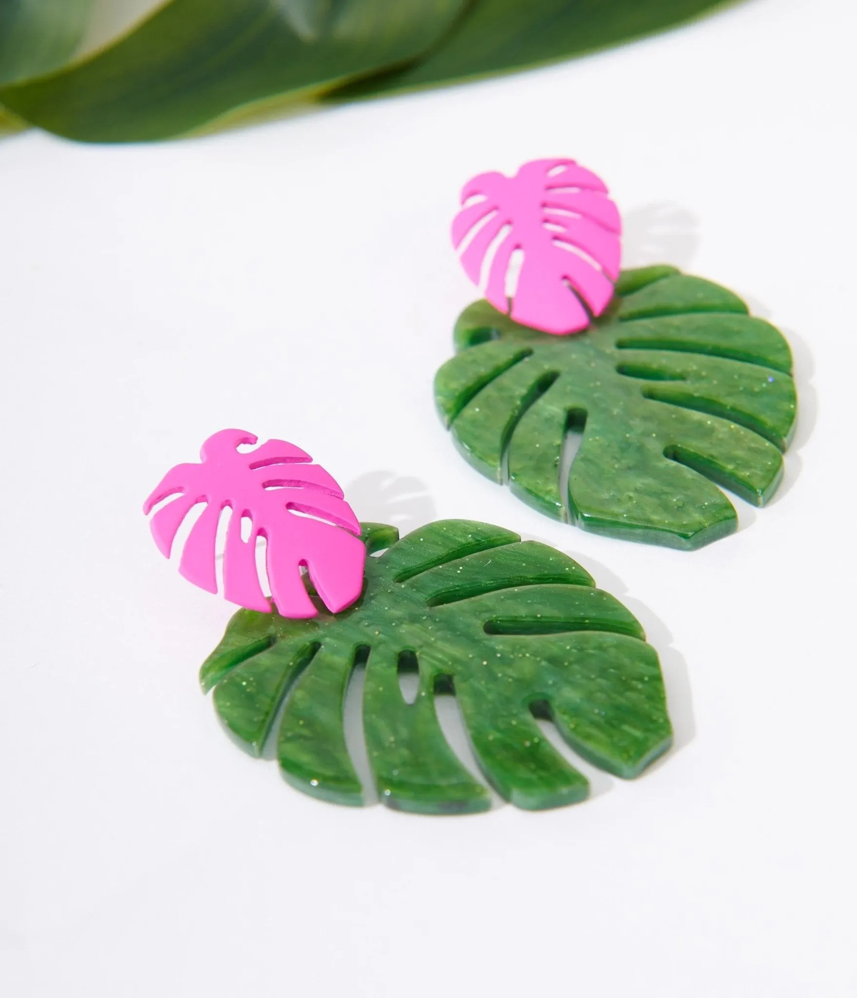 Pink & Green Monstera Leaf Earrings sold by Unique Vintage product image thumbnail 3