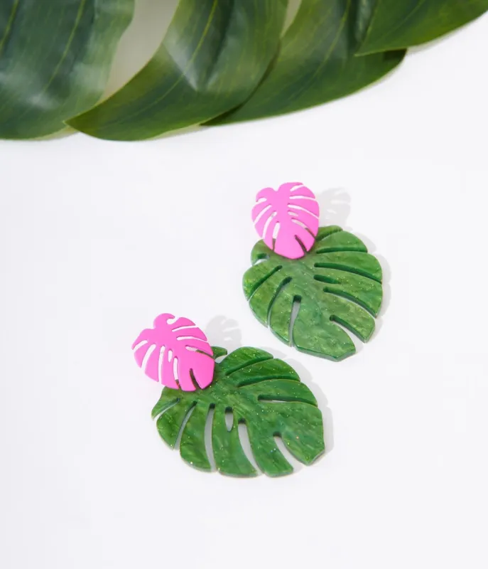 Pink & Green Monstera Leaf Earrings sold by Unique Vintage