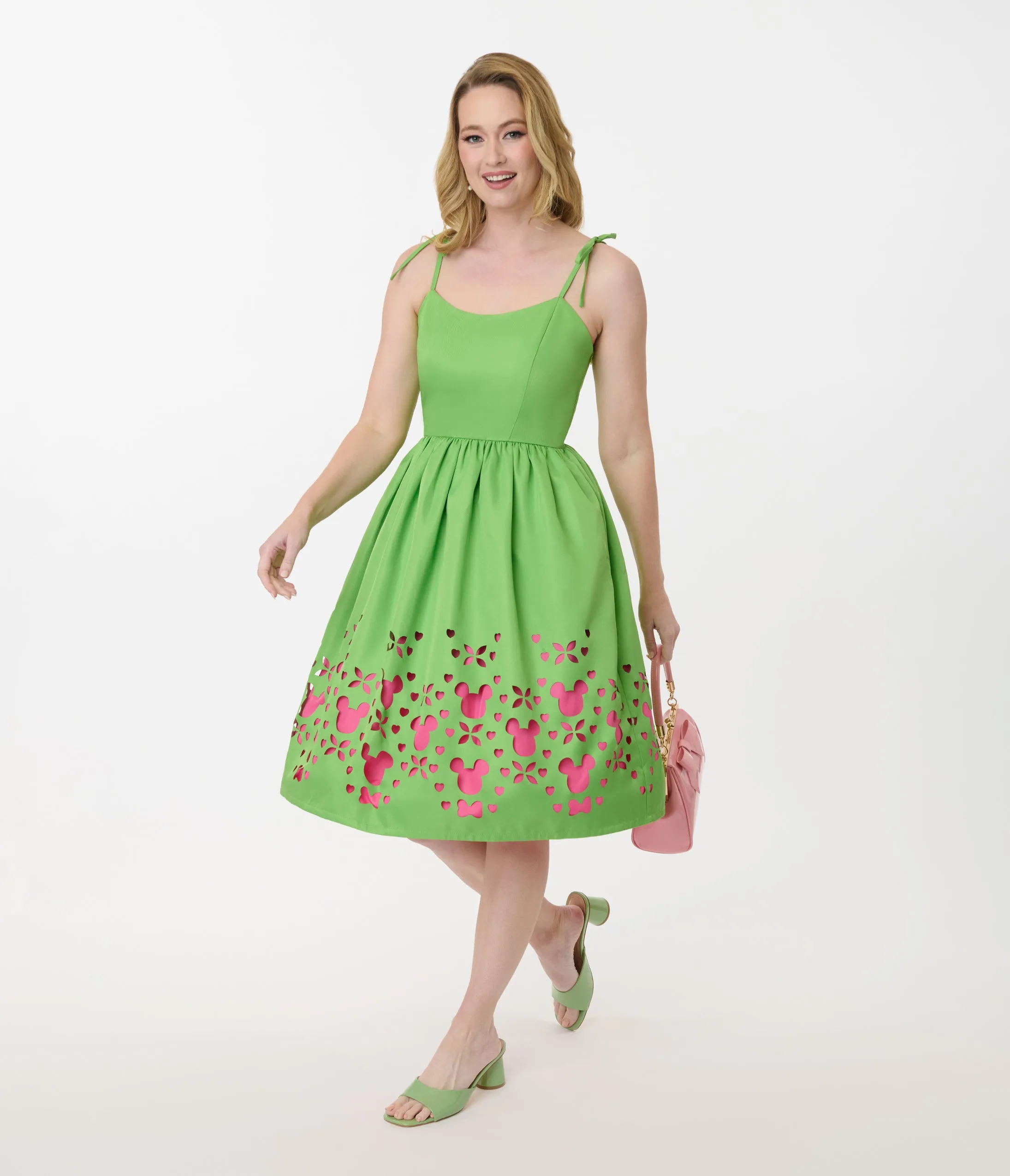 Disney Mickey & Friends Collection by Unique Vintage Neon Green & Neon Pink Mickey Cutout Swing Dress sold by Unique Vintage