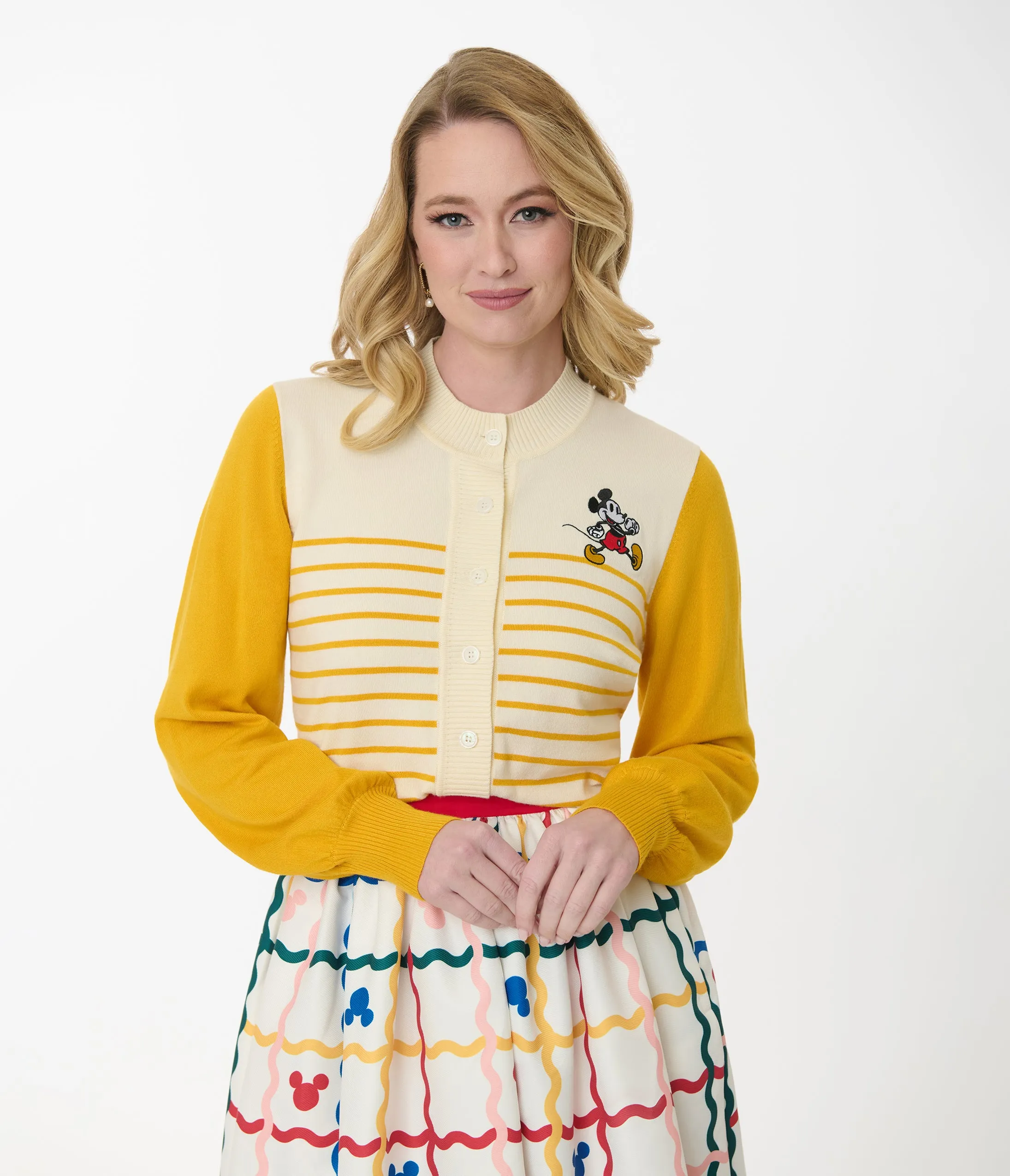 Disney Mickey & Friends Collection by Unique Vintage Yellow Stripe Mickey Embroidery Cardigan sold by Unique Vintage