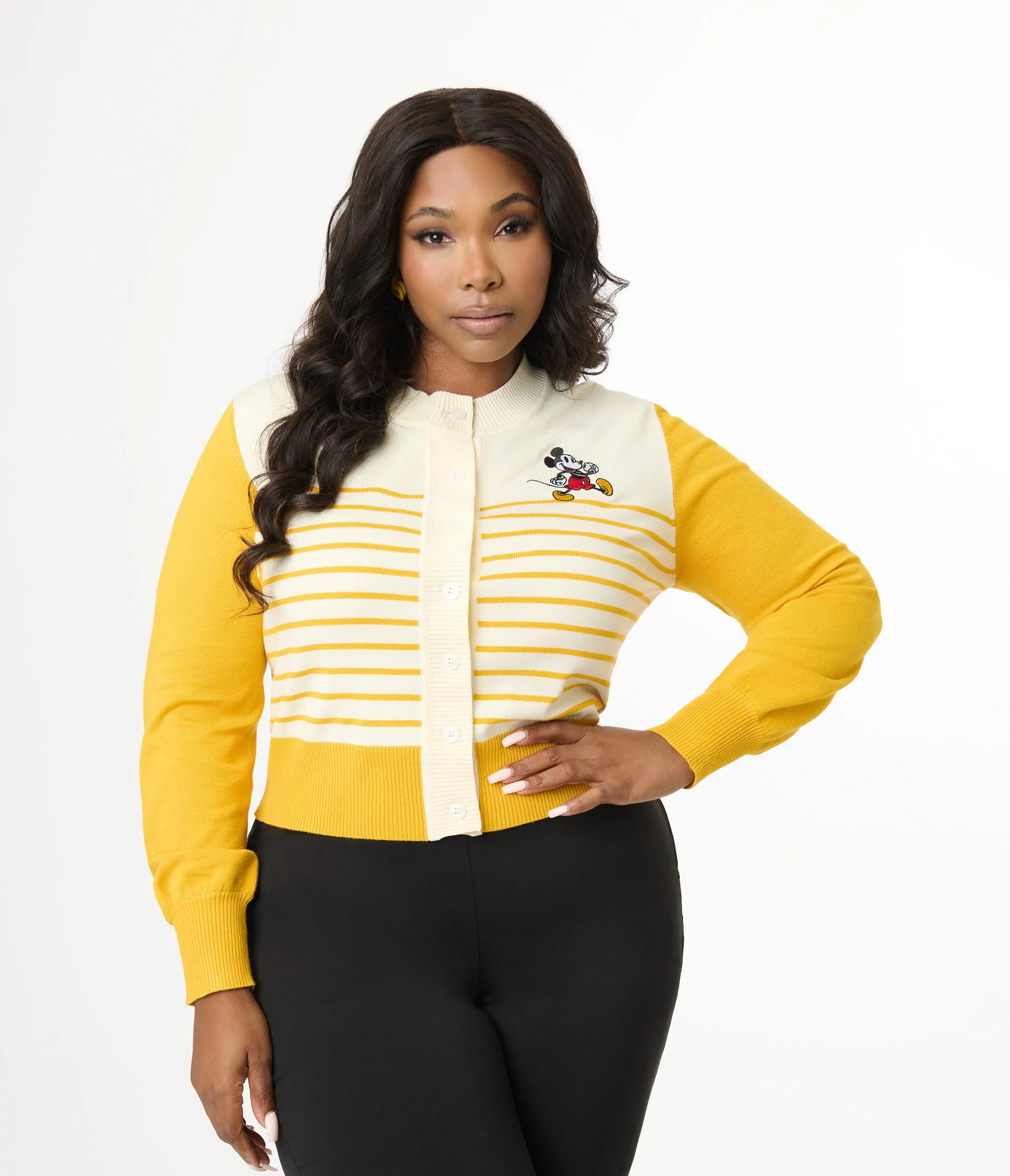 Disney Mickey & Friends Collection by Unique Vintage Plus Size Yellow Stripe Mickey Embroidery Cardigan sold by Unique Vintage