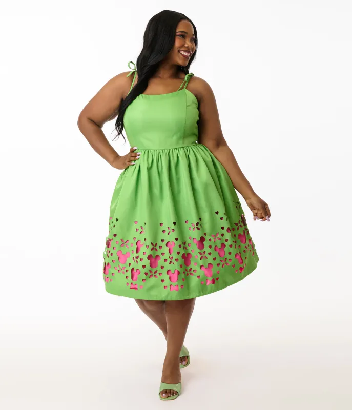 Disney Mickey & Friends Collection by Unique Vintage Plus Size Neon Green & Neon Pink Mickey Cutout Swing Dress sold by Unique Vintage