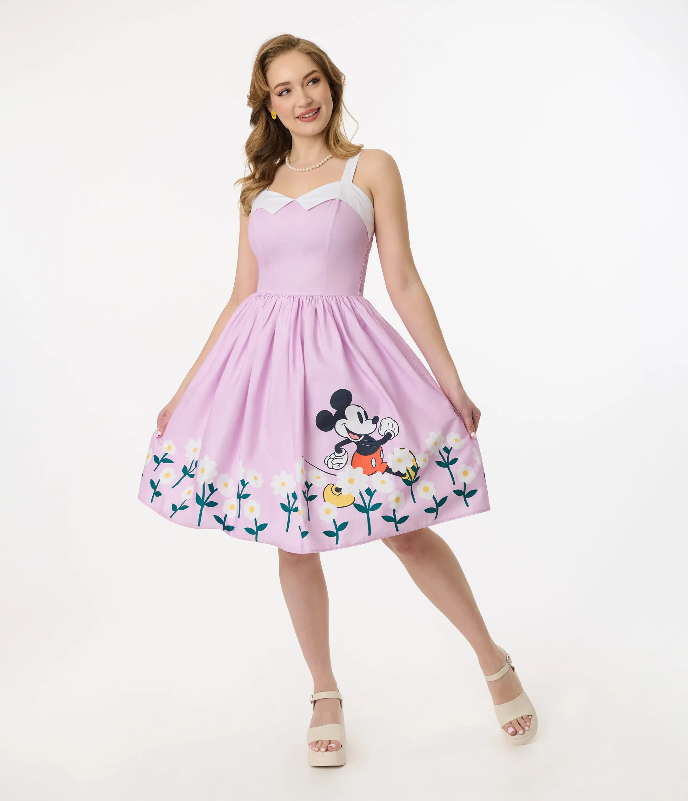 Disney Mickey & Friends Collection by Unique Vintage Lavender & Floral Mickey Border Cotton Swing Dress sold by Unique Vintage