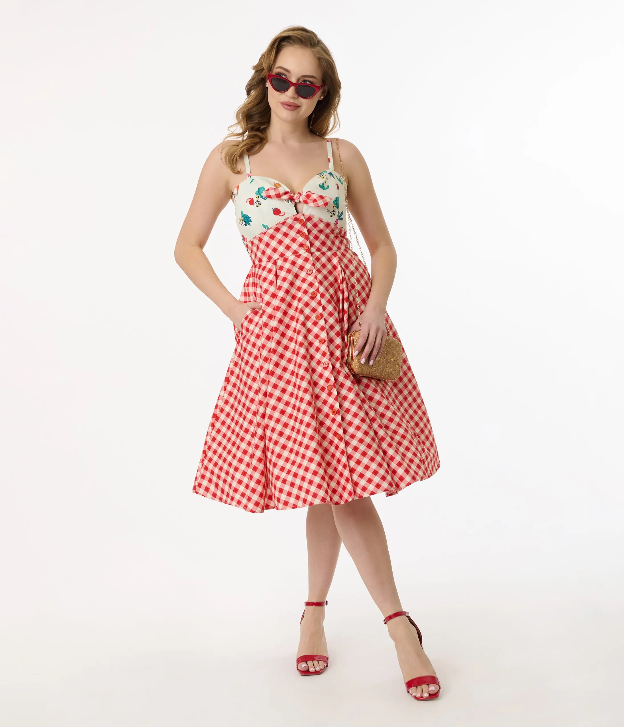 Disney Mickey & Friends Collection by Unique Vintage Red Gingham Mickey Farm Print Swing Dress sold by Unique Vintage