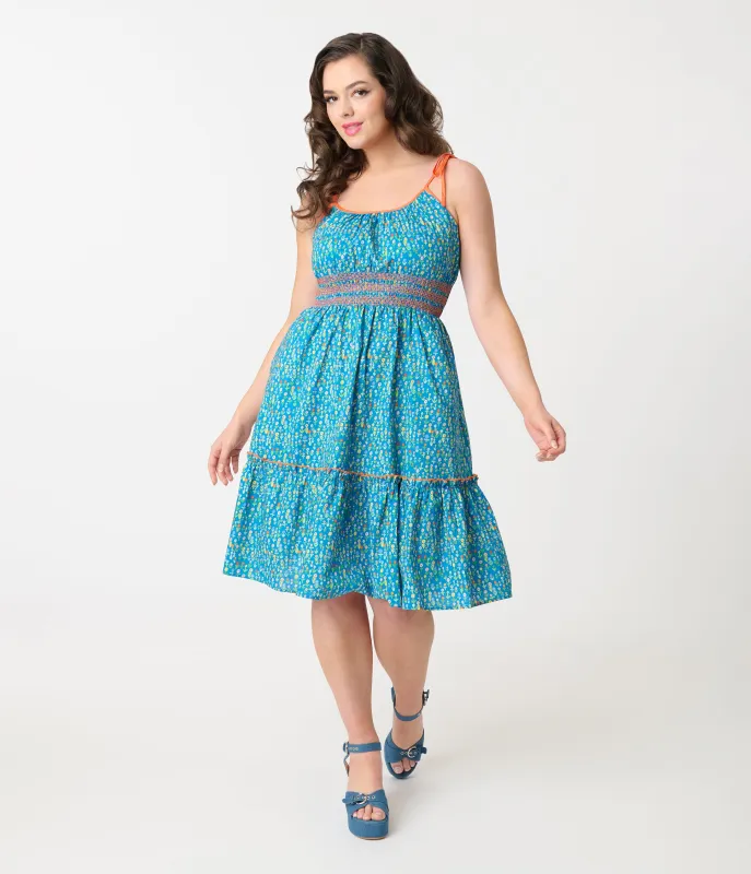 Smak Parlour Blue Ditsy Floral Tiered Cotton Flare Dress sold by Unique Vintage