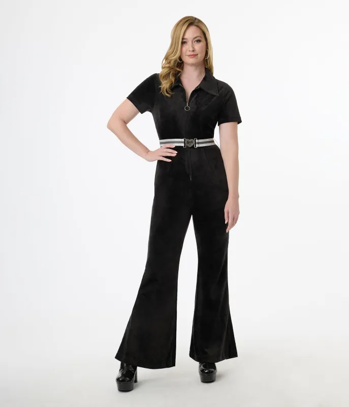Smak Parlour 1960s Black Belted Flare Jumpsuit sold by Unique Vintage